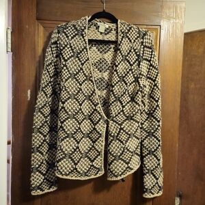 Lucky Brand Black Tan and Gold Patterned Cardigan, Sz L, Button